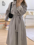 Women Elegant Long Sleeve Woolen Coats Female Simple Solid Winter Warm Overcoat With Belt Office Lady Korean
