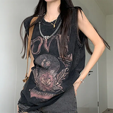 Grunge Foral Logo Oversized Ripped Tank Top-Outfit
