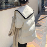 Korean Patchwork Loose Parka Coat Women 2023 Winter Navy Lapel Long Sleeve Jackets Woman Button Up Cotton Padded