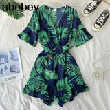 Ruffled Women Playsuits Elastic High Waist Bow Female Jumpsuit Romper Butterfly Sleeve Short Overalls for