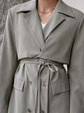 Fashion Women's Windbreaker Lapel Double Breasted Lace-up Pockets Solid Color Long Lady Trench Coat Autumn 2023 New