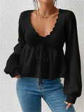 V-Neck Drawstring With Lotus Leaf-Side Skirt Knitted Head