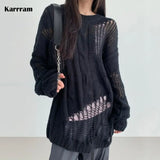 Gothic Ripped Sweater Punk Hollow Out Knitted Pullovers Loose Oversized Black Jumpers Female Hole Sweater Streetwear
