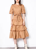 Casual Patchwork Scalloped Womens Dress Round Neck Short Sleeve High Waist Lace Up Dresses Female Fashion New