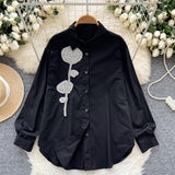 Day Shirt Women 2025 New French Heavy Industry Diamond Three-Dimensional Flowers Loose Thin Single-Drilled Chic
