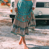 Vintage Floral Print Skirt Casual Drawstring Elastic Waist Midi Skirt Boho Hippie Chic Beach Skirts mujer faldas