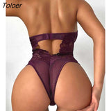 Summer Holiday Backless Halter Fishnet Cutout Crochet Lace Zip Front Teddy Sexy Beachwear Purple Women's Bodysuit