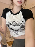 Vintage Heart Print Crop Top Sexy Tee Girl Short Sleeve Patchwork Gothic Fashion Casual Skinny Tee Streetwear