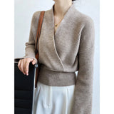 Women's Cross V-neck Wrap Knit Sweater Short Elastic Waist Long Sleeve