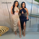 Glitter Sequin Evening Party Birthday Dress for Women Sexy Backless Split Bodycon Long Dresses Clubwear