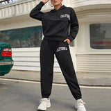 Print Fleece Women Hoodie 2 Pieces Set Full Sleeve Hooded Top Jogger Long Sweatpant Women's Tracksuit Loose Casual