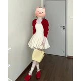 Gentle Temperament Red Knitted Shirt Coat Wave Dot Square Tie Dress Women's Spring And Summer New