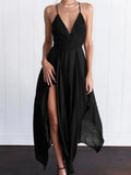 Women's Fashion Temperament Chiffon Nightclub Sexy V-neck Backless Split Suspender Dress Asymmetrical Women's