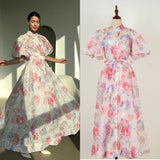 Court Style High Design Feeling Heavy Industry Nail Drill Short Sleeve Single Buckle Dress +