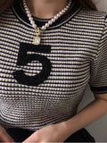 Summer Striped Letter Short-sleeved Thin Sweater Women's Vintage Round Neck Knit Loose Casual Pullover Knitwear Jumper