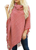 Striped Turndown Collar Pullover Fringe Irregular