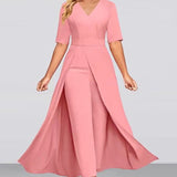 Office Lady Jumpsuit Patchwork V Neck 2023 New Summer Lace Up Women One Piece Long Trousers Solid Overalls