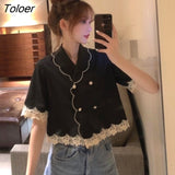 Woman Casual Summer Lace Patchwork Sweet Cute Korean Style Fashion Ins Daily All-match Short Sleeve Ladies Retro New