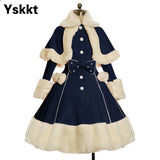 Yskkt Women Lolita Autumn Coat Warm Fur Collar Bowknot Dress Jacket Fashion Sweet Princess Breasted Overcoat Halloween
