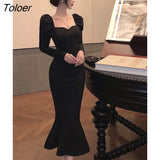 Sleeve Dress Women Trumpet Elegant Slim High Waist Solid Fashion New Black Temper Young Spring Vestidos Popular BF