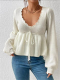V-Neck Drawstring With Lotus Leaf-Side Skirt Knitted Head