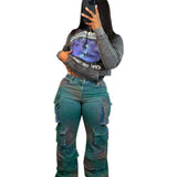 Women's Explosive Fashion Fashion Trend Multi-Pocket Tie Jeans High-Rise Straight
