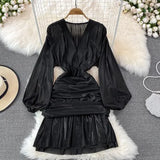 Women Sexy Draped Mini Dress Green/Red/Yellow Metal Color V-Neck Puff Long Sleeve High Waist Ruffle Hem Vestidos New