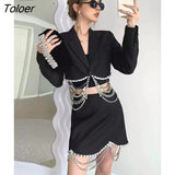 Patchwork 2 Pieces Suit Gorgeous Crystal Chain Design Turn-down Collar Celebrity Party Club Crop Tops Mini Skirt