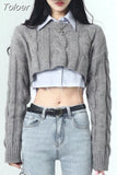 Cropped Sweater Women Vintage Preppy Style Slim Casual Long Sleeve Knit Sweater with Shirts Y2k Autumn Korean