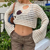 Hollow Out Cropped Knit Sweater Women Fairy Grunge Long Sleeve Top Vintage Loose Distressed Crochet Pullovers Cover-up