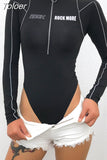 Zipper Letter Print Contrast Bodysuit Half Turtleneck Long Sleeve Women Bodysuit Bodycon Street Wear Romper