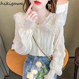 Blouse for Women Sweet Peter Pan Collar Long Sleeve White Shirts Lace Ruffles Chiffon Tops 2023 Blusas Mujer De