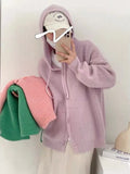 Korean Fashion Cardigan Women Single-breasted Long Sleeve Top Drawstring Hooded Knitted Sweater Coat Cardigan Crop