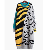 Women Leopard Big Size Long Knitting Dress New Round Neck Long Sleeve Loose Fit Fashion Tide Autumn Winter 2022