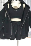 Shorts Three 3 Piece Sets Women Vest Drawstring Shorts Hooded Zipper Jacket Sportswear Suits Female Solid Sports