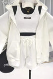 Shorts Three 3 Piece Sets Women Vest Drawstring Shorts Hooded Zipper Jacket Sportswear Suits Female Solid Sports