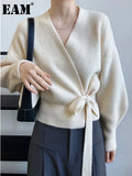 Beige Bandage Big Size Knitting Cardigan Sweater Loose Fit V-Neck Long Sleeve Women New Fashion Autumn Winter 2022