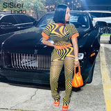 Sisterlinda Casual Sexy Women Two Piece Set Short Sleeve See Through Tops+Leggings Slim Stretch Matching Outfits Streetwear