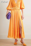 Pleasted Slim Long Dresses For Women V Neck Lantern Sleeve High Waist Spliced Belt Solid Split Thigh Dress Female