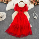 Summer Sweet Women Mesh Ruffle Party Dress Purple/Red/Beige Square Collar Short Sleeve High Waist A-Line Vestidos Female