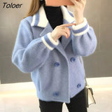 Double Breasted Spring Coat Women Sweater Knitted Mink Jacket Women's Short Section Pretty Herringbone Woolen