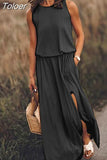Summer Women Loose Sleeveless Long Dress Solid Color O Neck Slit Vestidos Midi Elegante Branco Office Lady