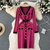 French Plaid Knitted Dress Women V Neck Sweater Sheath Hight Quality Dress Elastic Waist OL Warm Midi Long