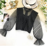 Women Tops Fashion Sexy Sheer Lace Blouse Lantern Sleeve 3D Floral Blouses Shirts Elegant Top Blusas