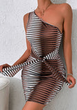 Printed Sexy One Shoulder Sleeveless Geometric Print Belted Mini Club