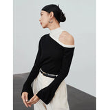 Gray Color-block Off Shoulder Knitting Sweater Turtleneck Long Sleeve Women Pullovers New Fashion Tide Autumn Winter