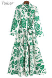 2023 Summer Women Green Floral Print Midi Dress With Belt Vintage Three Quarter Sleeve Dress Female Outwear