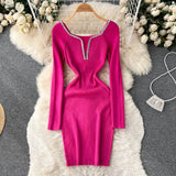Retro Bodycon Knitted Dress Temperamant Long Sleeve Slim Sweater Dress Square Collar Women Winter Short Knit