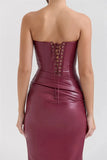 Burgundy Strapless PU Leather Maxi Dress-Outfit