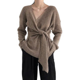 Korean Style Chic New Women Elegant V-Neck Bandage Long Sleeve Sweater Female Loose Casual Knitwear Female Fashion Knitted